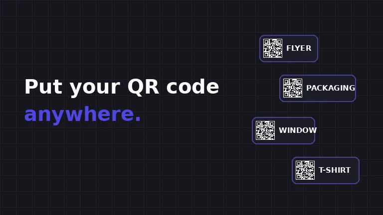 QR codes placed on a flyer, packaging, a storefront window and a t-shirt